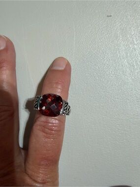 Park Lane Silver-Tone Ring with Deep Red Faceted Cushion Gem